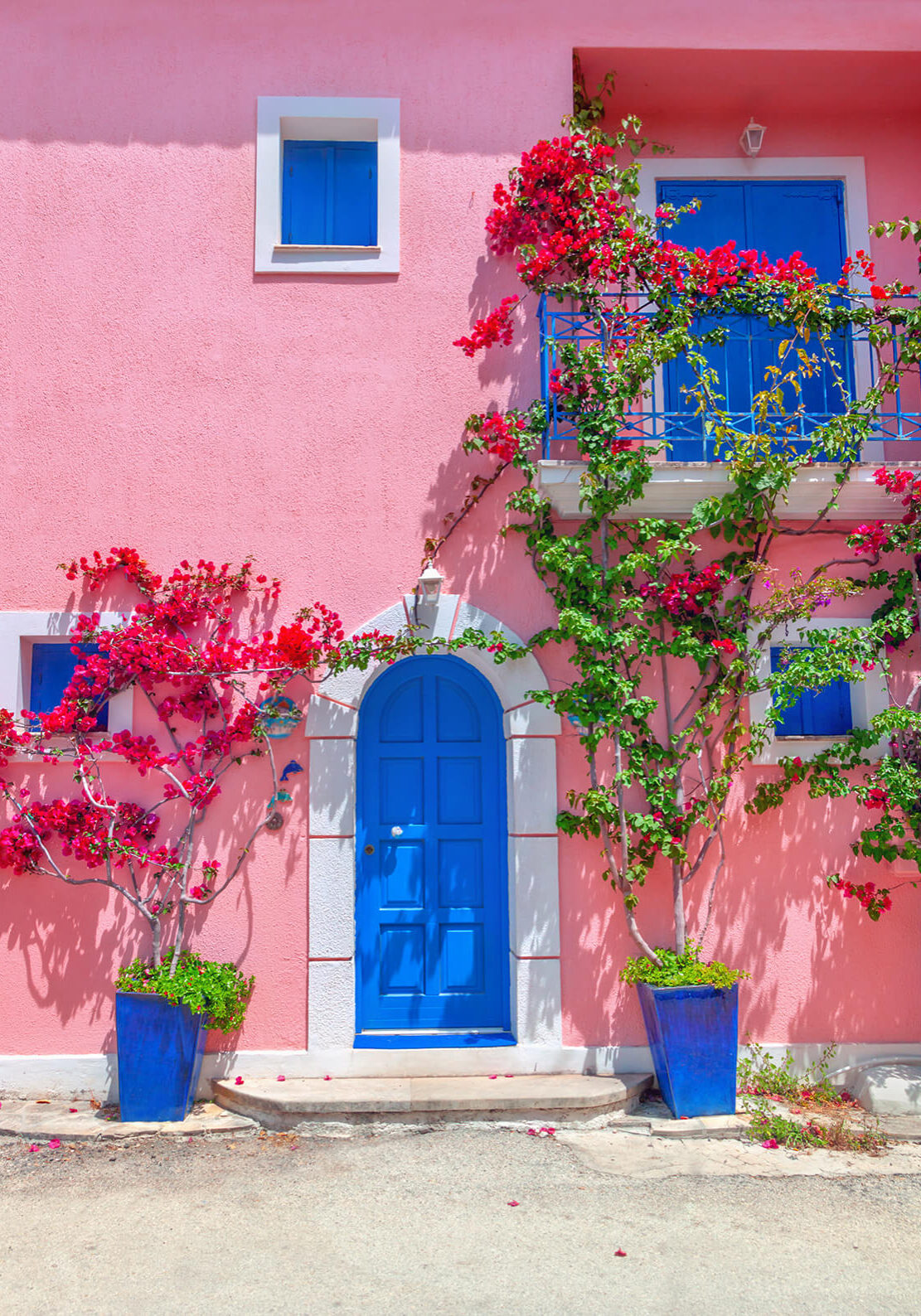 Pink house with blue door