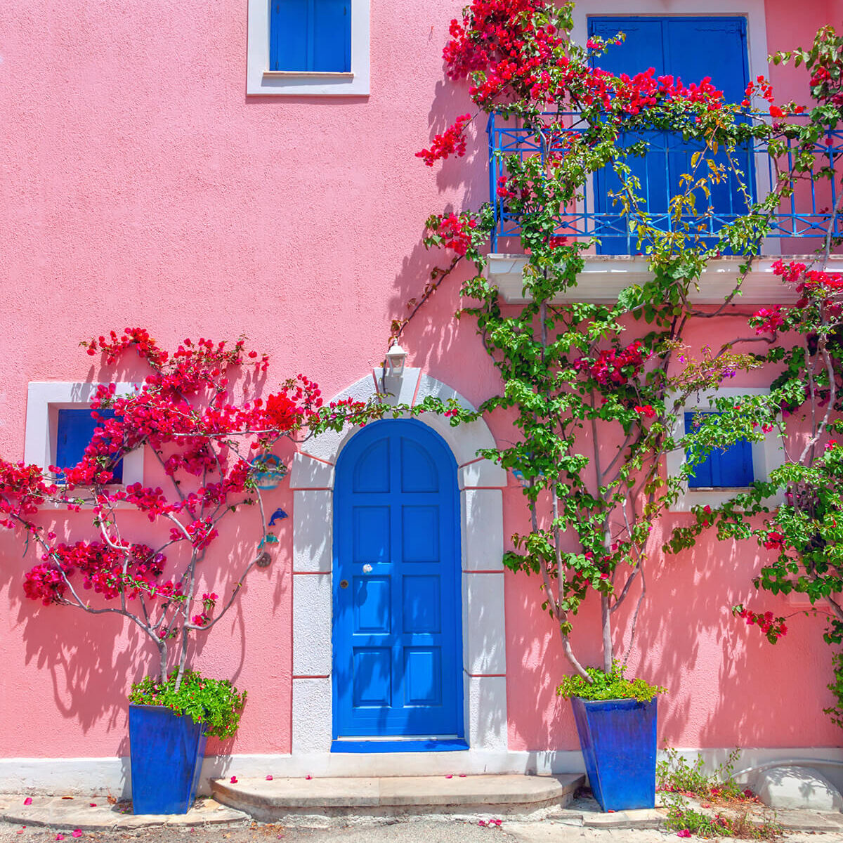 Pink house with blue door